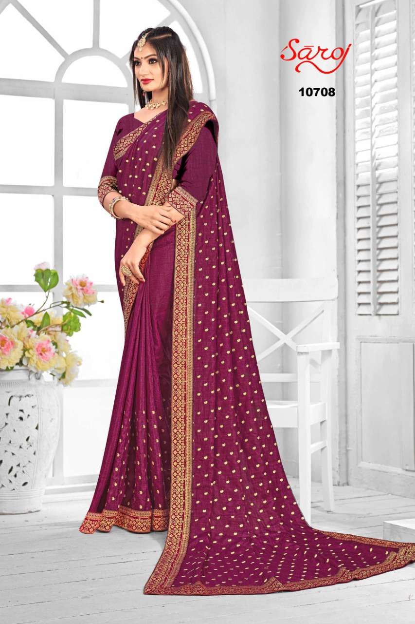 NIRUPAMA VOL-1 BY SAROJ 10701 TO 10708 SERIES INDIAN TRADITIONAL WEAR COLLECTION BEAUTIFUL STYLISH FANCY COLORFUL PARTY WEAR & OCCASIONAL WEAR VICHITRA SILK SAREES AT WHOLESALE PRICE