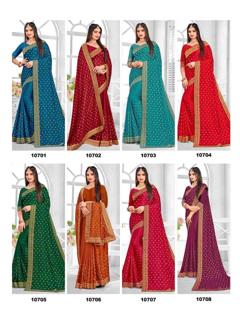 NIRUPAMA VOL-1 BY SAROJ 10701 TO 10708 SERIES INDIAN TRADITIONAL WEAR COLLECTION BEAUTIFUL STYLISH FANCY COLORFUL PARTY WEAR & OCCASIONAL WEAR VICHITRA SILK SAREES AT WHOLESALE PRICE