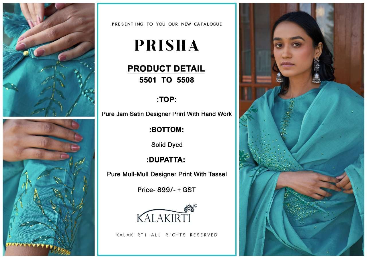 PRISHA BY KALAKIRTI 5501 TO 5508 SERIES BEAUTIFUL SUITS COLORFUL STYLISH FANCY CASUAL WEAR & ETHNIC WEAR PURE JAM SATIN PRINT DRESSES AT WHOLESALE PRICE