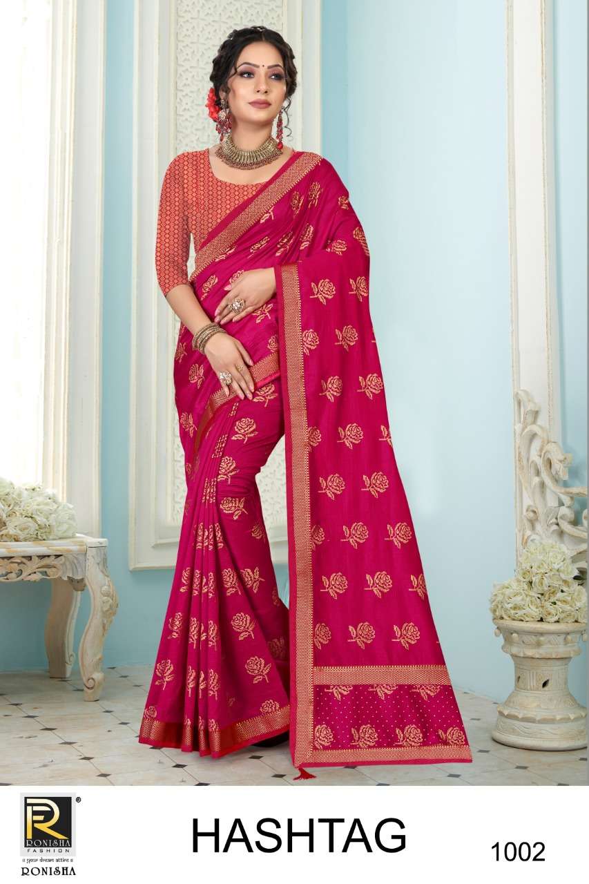 HASHTAG BY RONISHA FASHION 1001 TO 1006 SERIES INDIAN TRADITIONAL WEAR COLLECTION BEAUTIFUL STYLISH FANCY COLORFUL PARTY WEAR & OCCASIONAL WEAR VICHITRA SILK SAREES AT WHOLESALE PRICE