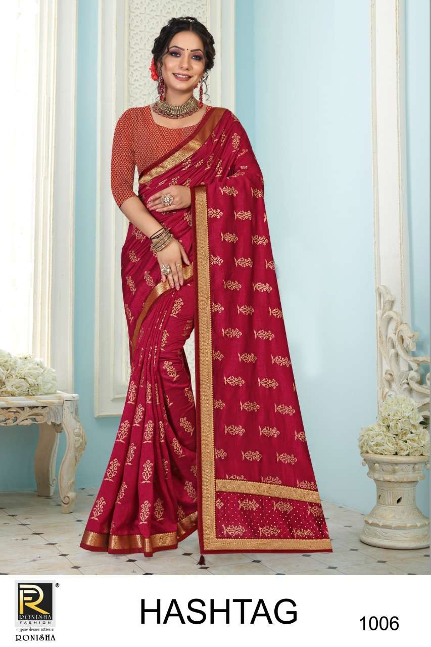 HASHTAG BY RONISHA FASHION 1001 TO 1006 SERIES INDIAN TRADITIONAL WEAR COLLECTION BEAUTIFUL STYLISH FANCY COLORFUL PARTY WEAR & OCCASIONAL WEAR VICHITRA SILK SAREES AT WHOLESALE PRICE