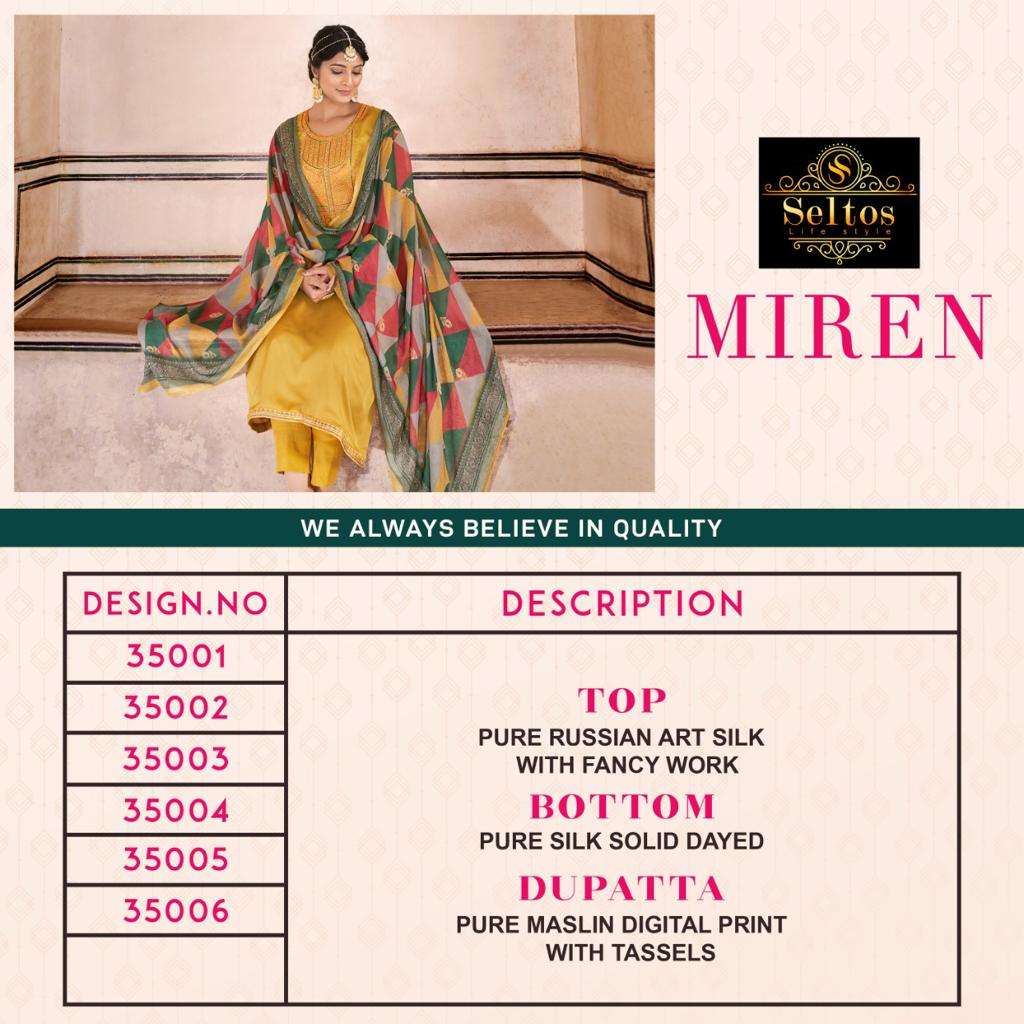 MIREN BY SELTOS 35001 TO 35006 SERIES BEAUTIFUL SUITS COLORFUL STYLISH FANCY CASUAL WEAR & ETHNIC WEAR PURE RUSSIAN SILK DRESSES AT WHOLESALE PRICE