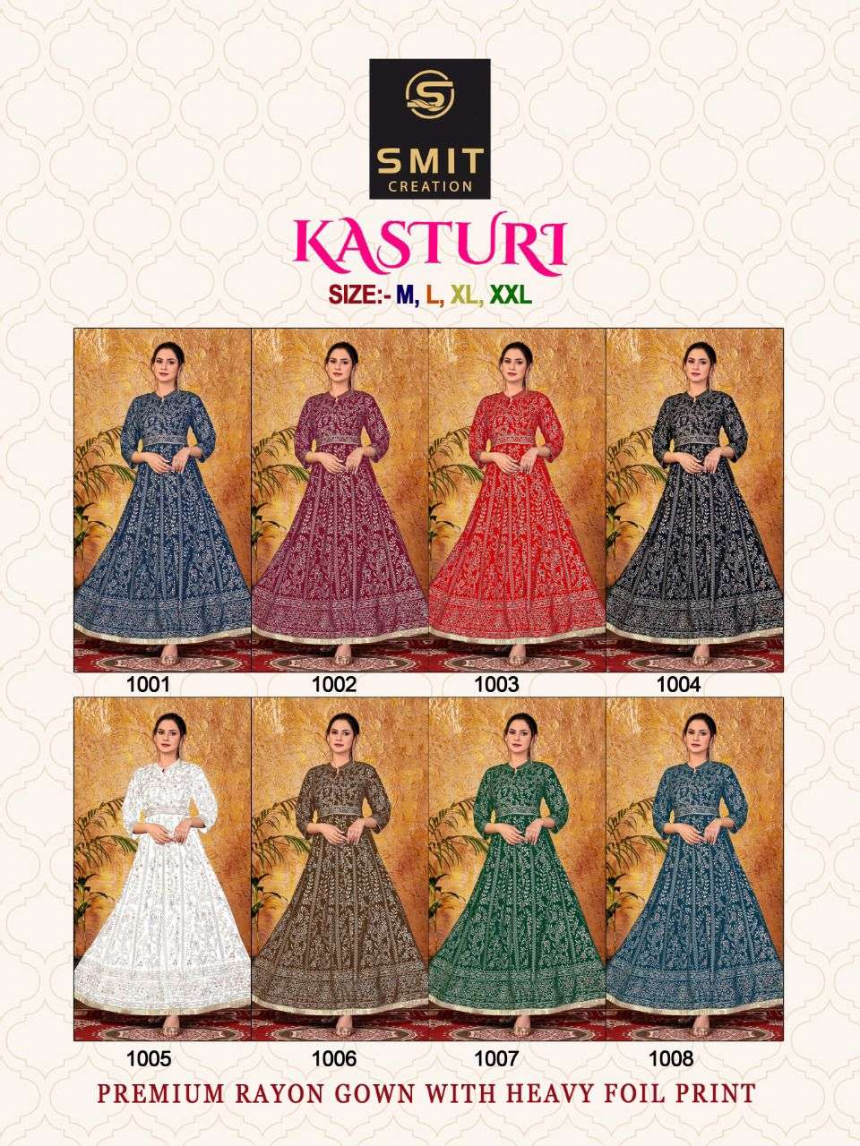 KASTURI BY SMIT CREATION 1001 TO 1008 SERIES BEAUTIFUL STYLISH FANCY COLORFUL CASUAL WEAR & ETHNIC WEAR PURE RAYON GOWNS AT WHOLESALE PRICE