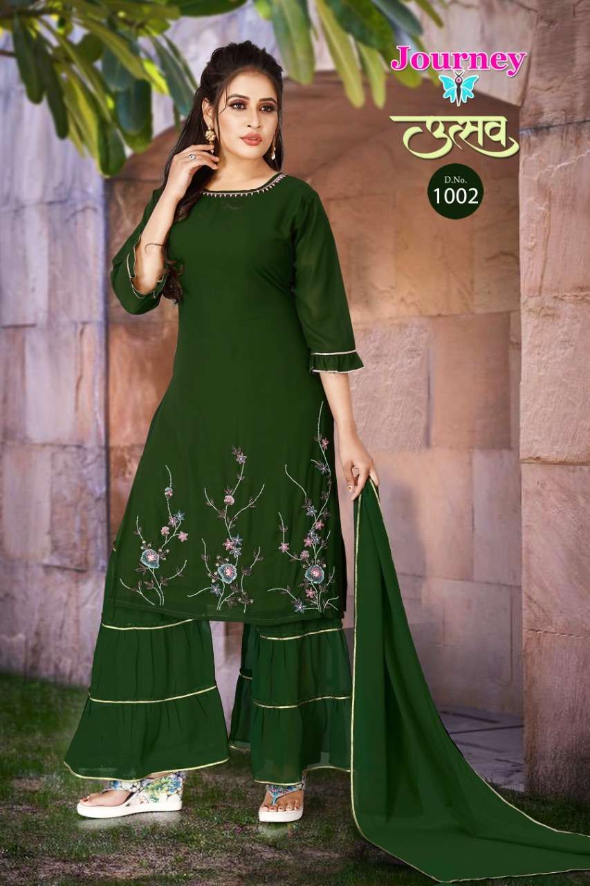 UTSAV BY JOURNEY 1001 TO 1004 SERIES BEAUTIFUL SHARARA SUITS COLORFUL STYLISH FANCY CASUAL WEAR & ETHNIC WEAR GEORGETTE WITH WORK DRESSES AT WHOLESALE PRICE