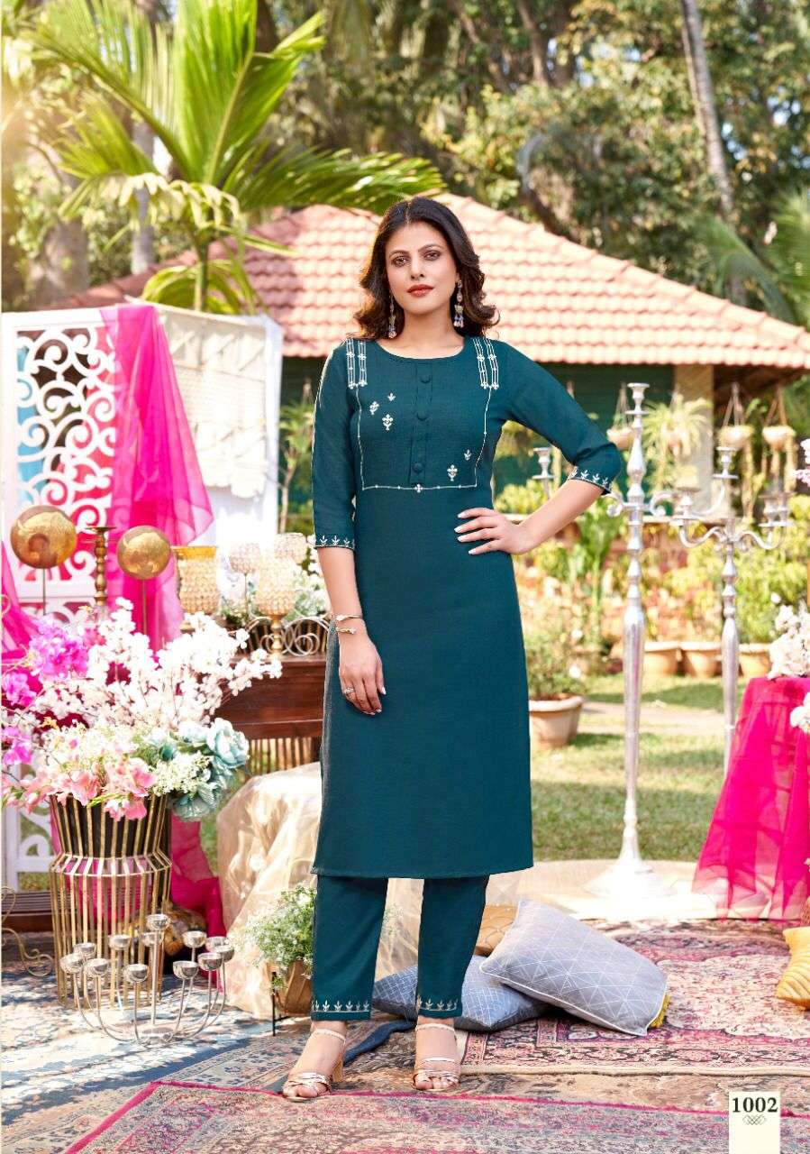 LIHAAZ BY SELESTA 1001 TO 1005 SERIES DESIGNER STYLISH FANCY COLORFUL BEAUTIFUL PARTY WEAR & ETHNIC WEAR COLLECTION COTTON EMBROIDERED KURTIS WITH BOTTOM AT WHOLESALE PRICE