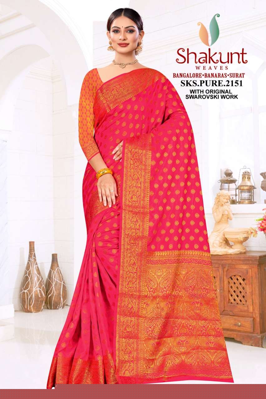 SKS PURE-2151 BY SHAKUNT 2151-A TO 2151-F SERIES INDIAN TRADITIONAL WEAR COLLECTION BEAUTIFUL STYLISH FANCY COLORFUL PARTY WEAR & OCCASIONAL WEAR ART SILK SAREES AT WHOLESALE PRICE