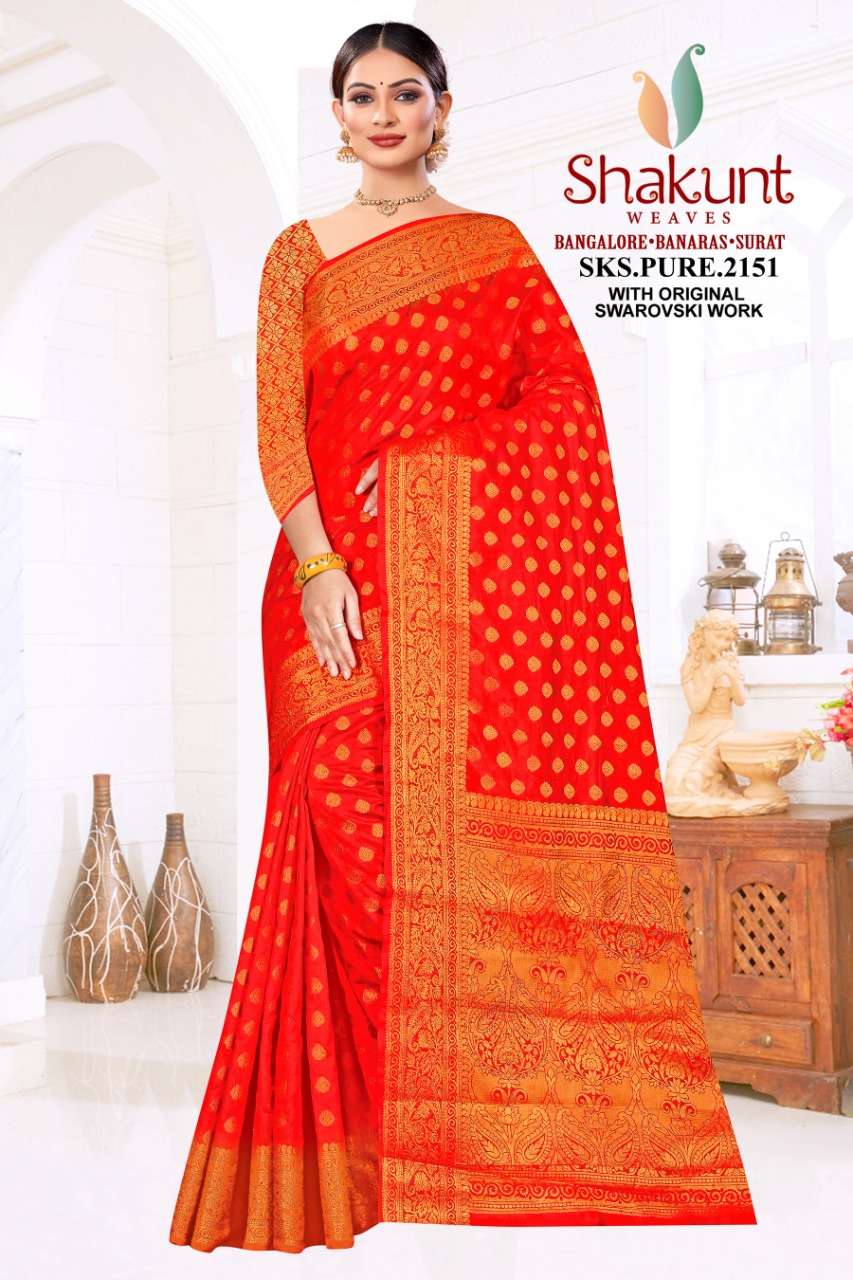 SKS PURE-2151 BY SHAKUNT 2151-A TO 2151-F SERIES INDIAN TRADITIONAL WEAR COLLECTION BEAUTIFUL STYLISH FANCY COLORFUL PARTY WEAR & OCCASIONAL WEAR ART SILK SAREES AT WHOLESALE PRICE