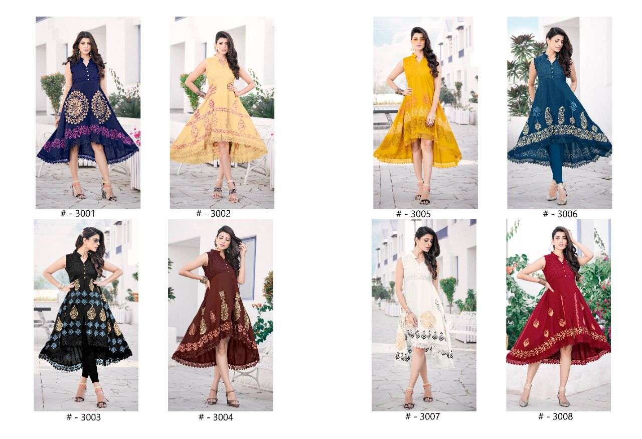 GOLDY VOL-13 BY SWEETY FASHION 3001 TO 3008 SERIES DESIGNER STYLISH FANCY COLORFUL BEAUTIFUL PARTY WEAR & ETHNIC WEAR COLLECTION RAYON KURTIS AT WHOLESALE PRICE