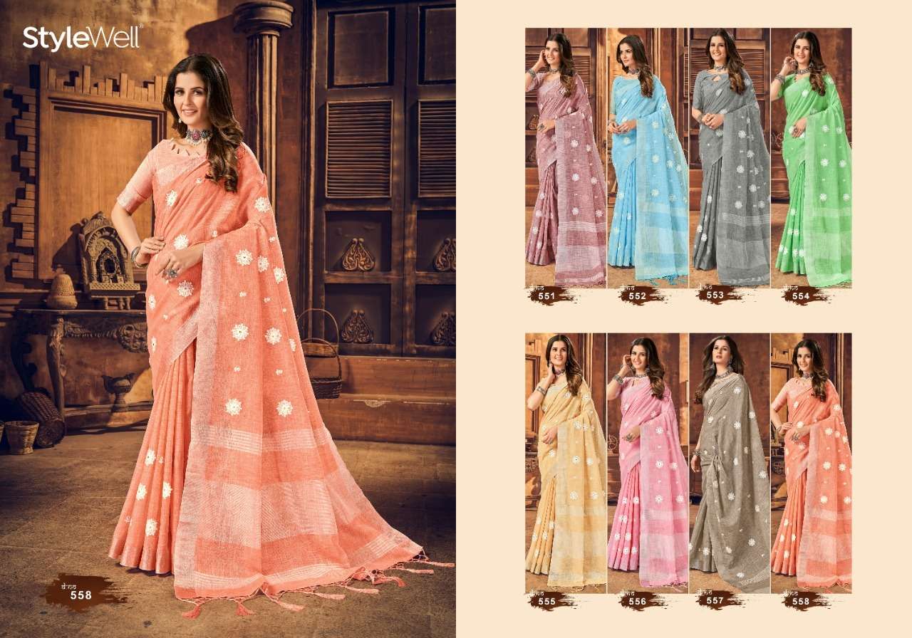 KAIRA BY STYLEWELL 551 TO 558 SERIES INDIAN TRADITIONAL WEAR COLLECTION BEAUTIFUL STYLISH FANCY COLORFUL PARTY WEAR & OCCASIONAL WEAR LINEN SAREES AT WHOLESALE PRICE