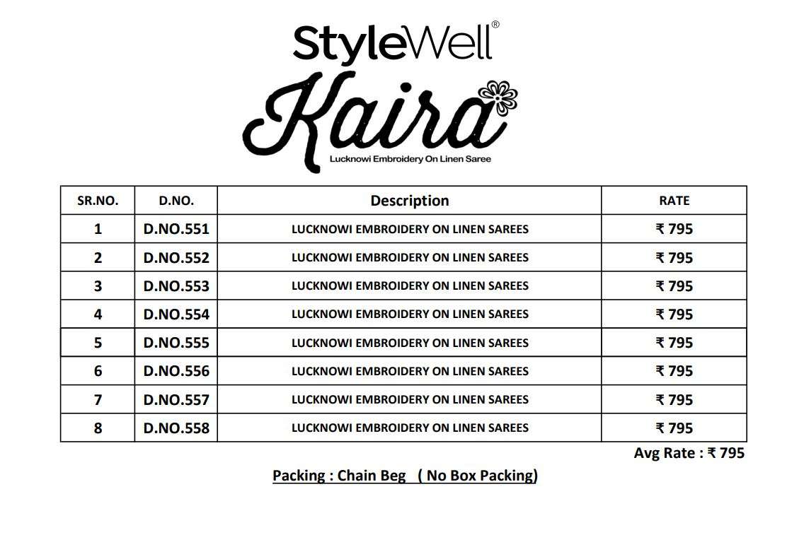 KAIRA BY STYLEWELL 551 TO 558 SERIES INDIAN TRADITIONAL WEAR COLLECTION BEAUTIFUL STYLISH FANCY COLORFUL PARTY WEAR & OCCASIONAL WEAR LINEN SAREES AT WHOLESALE PRICE