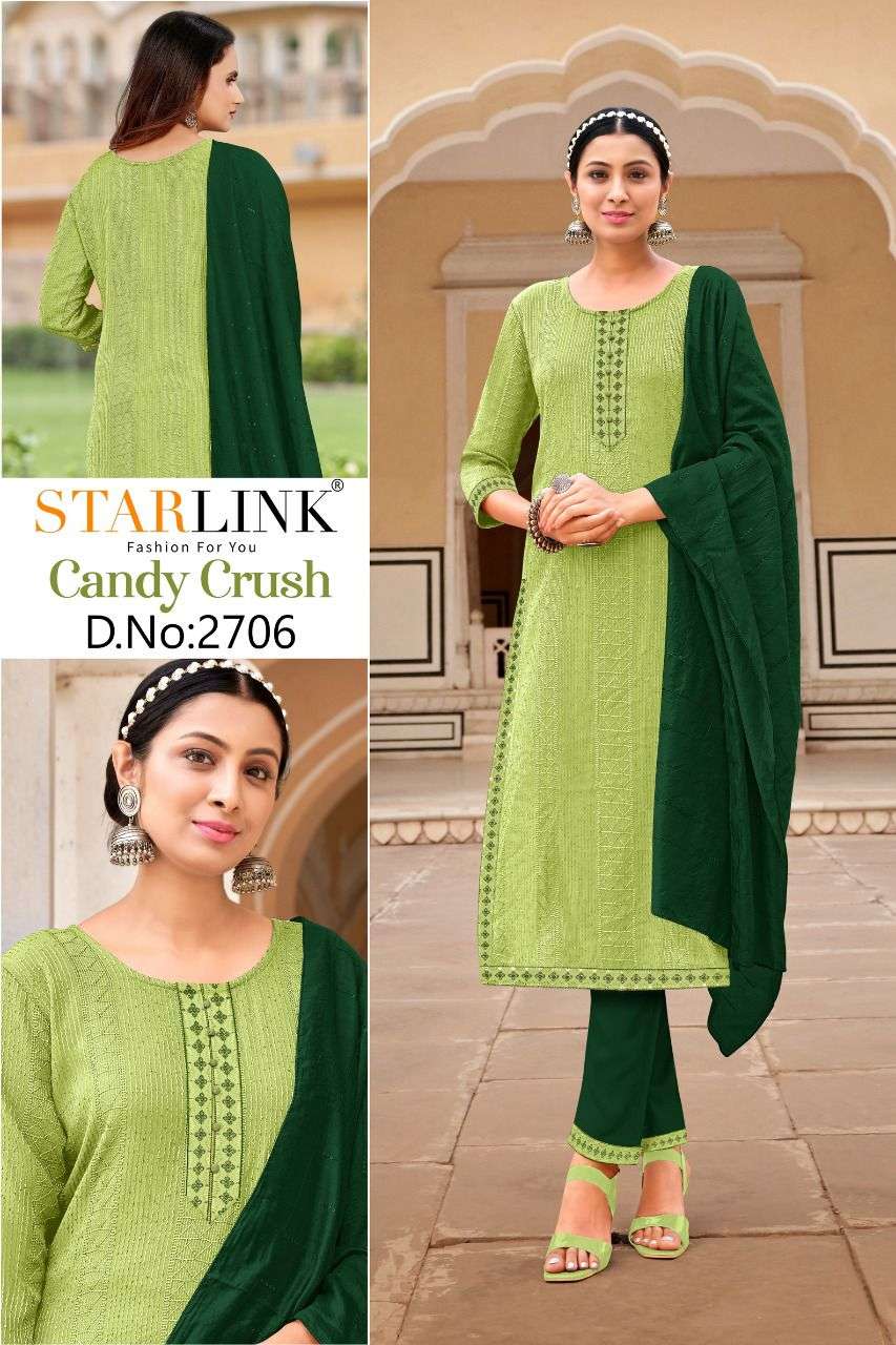 CANDY CRUSH BY STARLINK 2701 TO 2710 SERIES BEAUTIFUL SUITS COLORFUL STYLISH FANCY CASUAL WEAR & ETHNIC WEAR RAYON EMBROIDERED DRESSES AT WHOLESALE PRICE