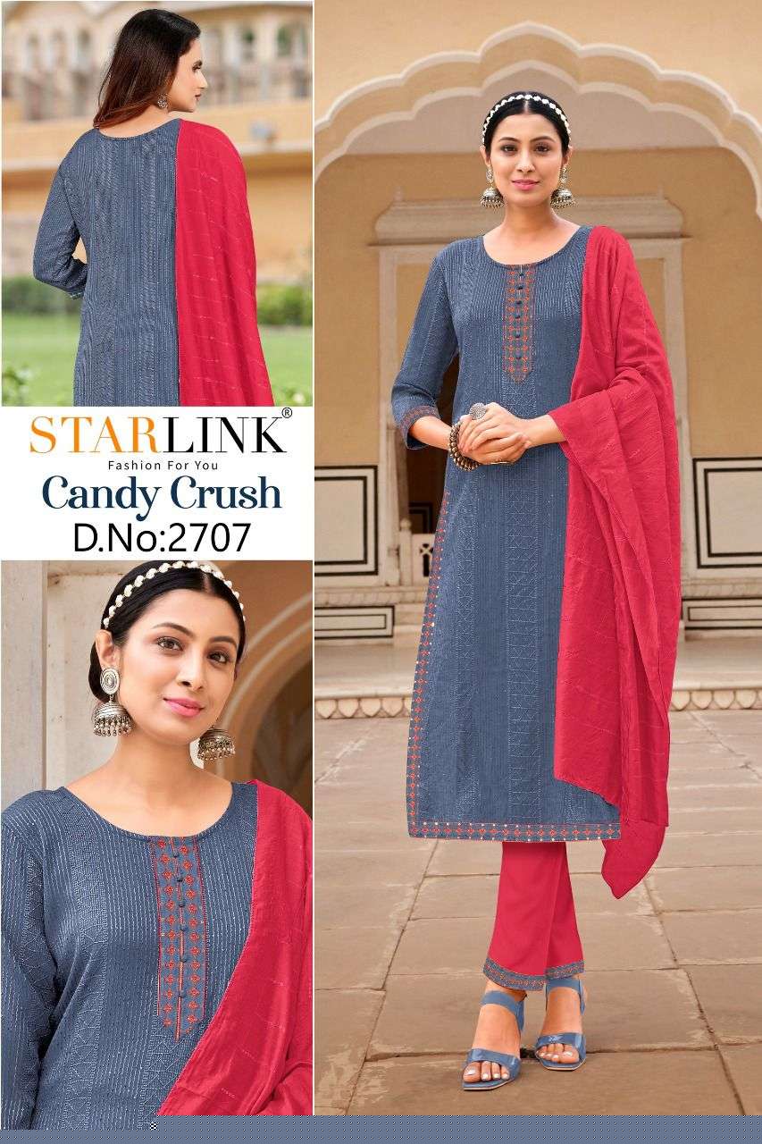 CANDY CRUSH BY STARLINK 2701 TO 2710 SERIES BEAUTIFUL SUITS COLORFUL STYLISH FANCY CASUAL WEAR & ETHNIC WEAR RAYON EMBROIDERED DRESSES AT WHOLESALE PRICE