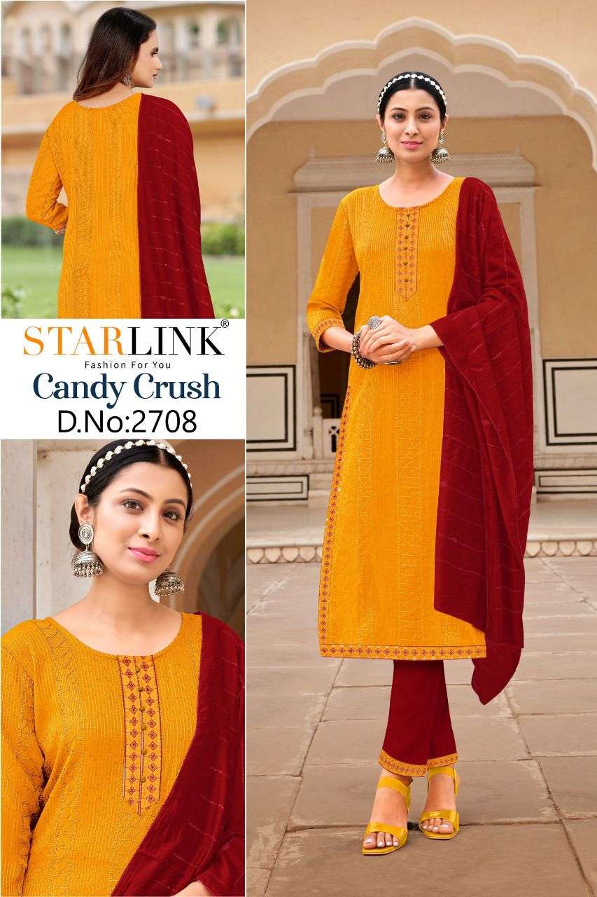 CANDY CRUSH BY STARLINK 2701 TO 2710 SERIES BEAUTIFUL SUITS COLORFUL STYLISH FANCY CASUAL WEAR & ETHNIC WEAR RAYON EMBROIDERED DRESSES AT WHOLESALE PRICE