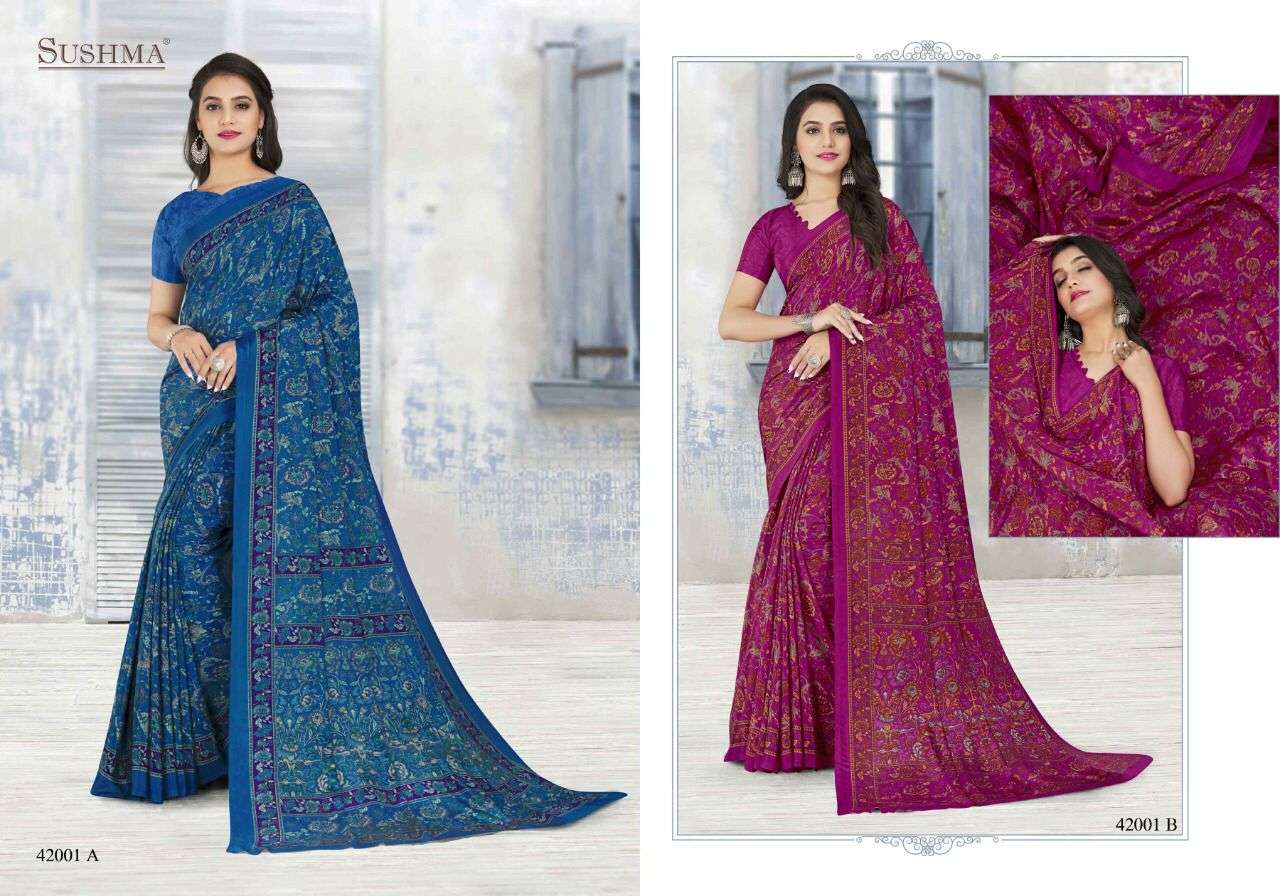 ETHNICA VOL-2 BY SUSHMA 42001-A TO 42006-B SERIES INDIAN TRADITIONAL WEAR COLLECTION BEAUTIFUL STYLISH FANCY COLORFUL PARTY WEAR & OCCASIONAL WEAR CREPE SAREES AT WHOLESALE PRICE