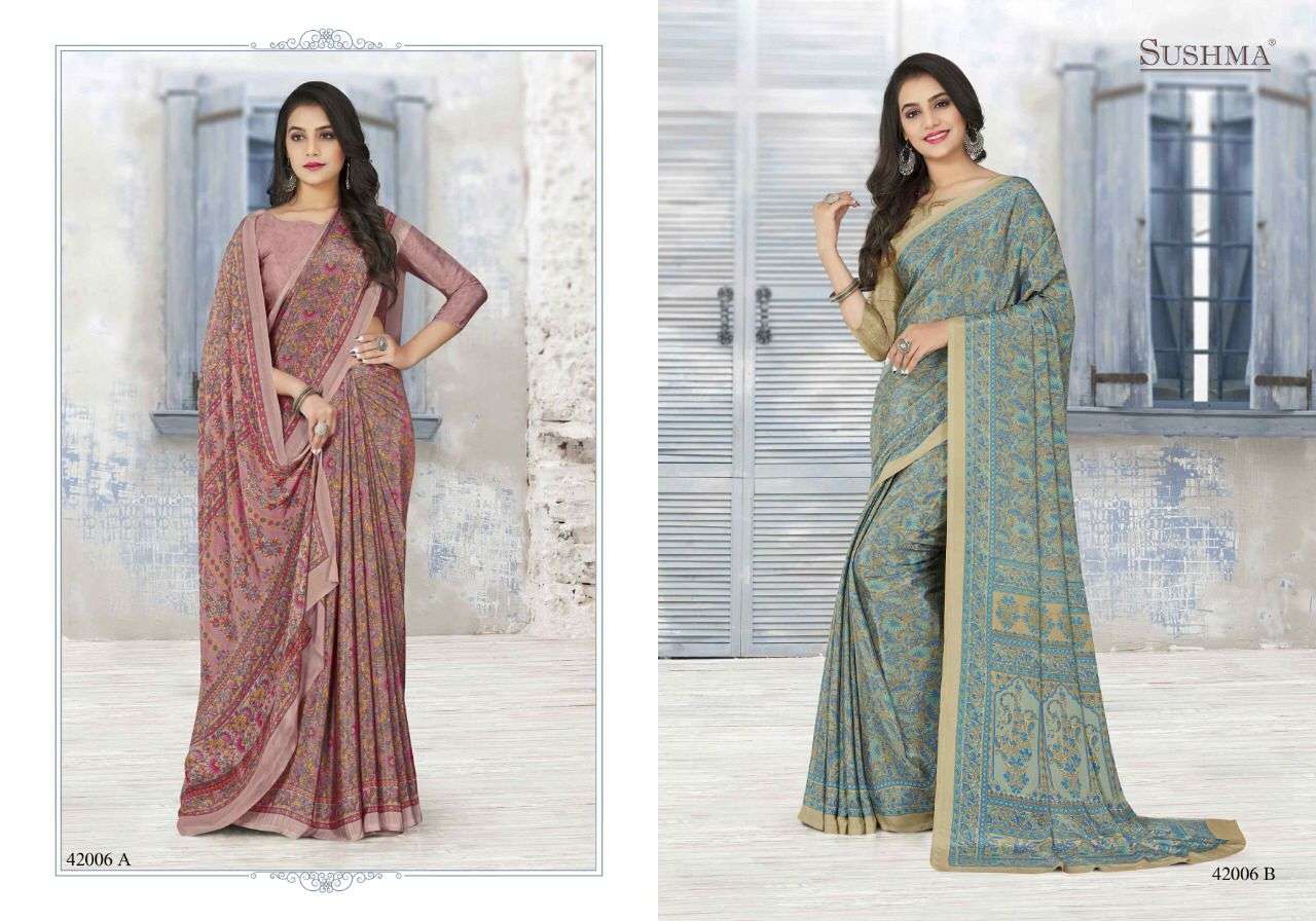 ETHNICA VOL-2 BY SUSHMA 42001-A TO 42006-B SERIES INDIAN TRADITIONAL WEAR COLLECTION BEAUTIFUL STYLISH FANCY COLORFUL PARTY WEAR & OCCASIONAL WEAR CREPE SAREES AT WHOLESALE PRICE