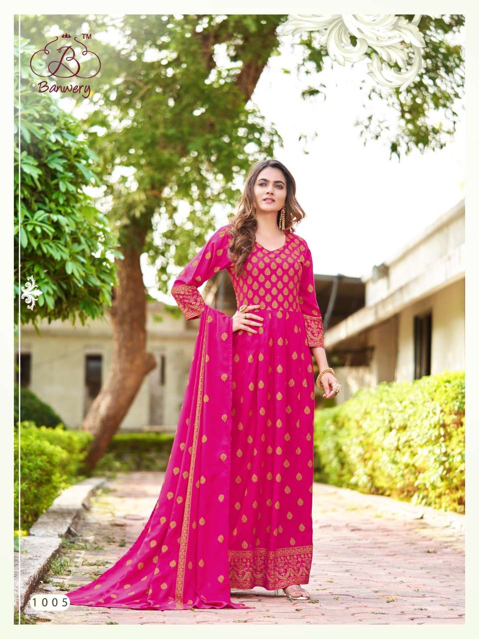 PARIDHI BY BANWERY FASHION 1001 TO 1008 SERIES BEAUTIFUL STYLISH FANCY COLORFUL CASUAL WEAR & ETHNIC WEAR RAYON PRINT GOWNS WITH DUPATTA AT WHOLESALE PRICE