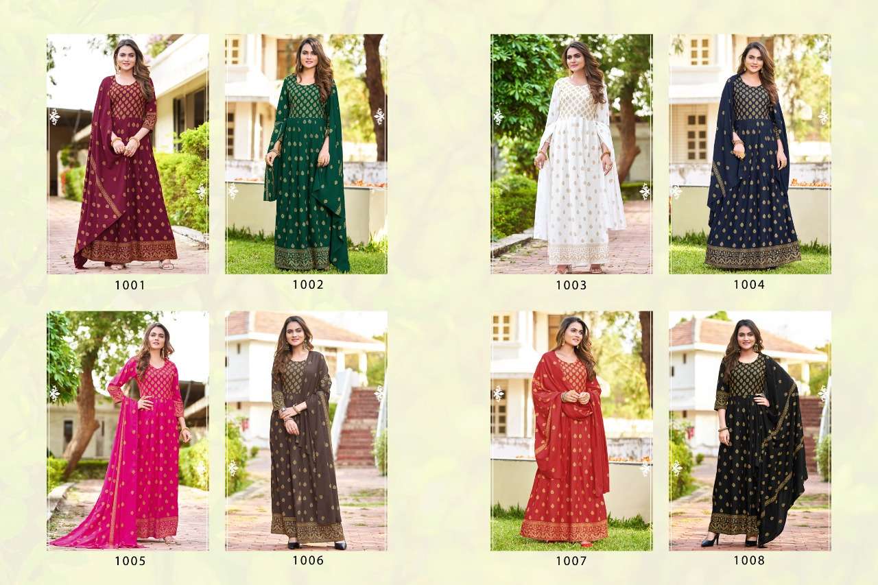 PARIDHI BY BANWERY FASHION 1001 TO 1008 SERIES BEAUTIFUL STYLISH FANCY COLORFUL CASUAL WEAR & ETHNIC WEAR RAYON PRINT GOWNS WITH DUPATTA AT WHOLESALE PRICE