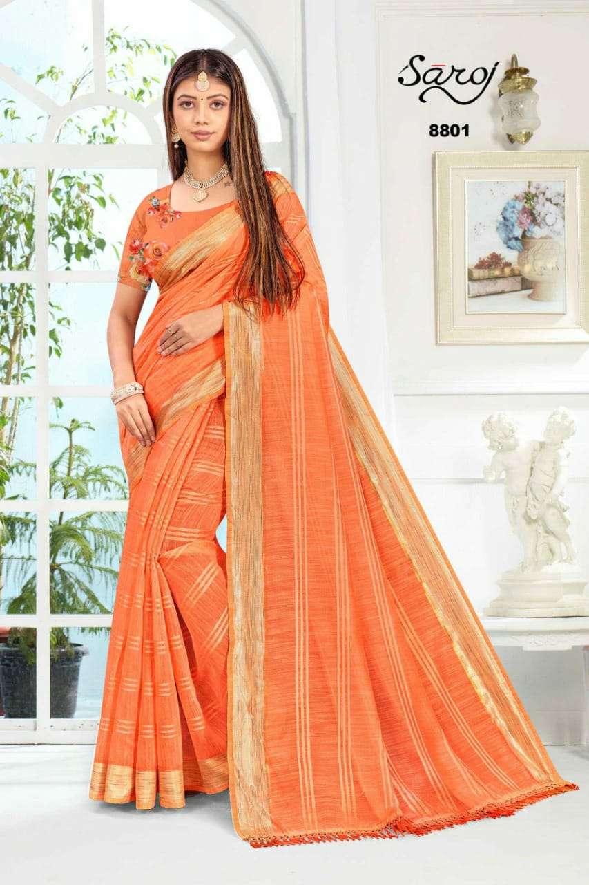 ROYAL VOL-1 BY SAROJ 8801 TO 8806 SERIES INDIAN TRADITIONAL WEAR COLLECTION BEAUTIFUL STYLISH FANCY COLORFUL PARTY WEAR & OCCASIONAL WEAR SOFT COTTON LINEN SAREES AT WHOLESALE PRICE