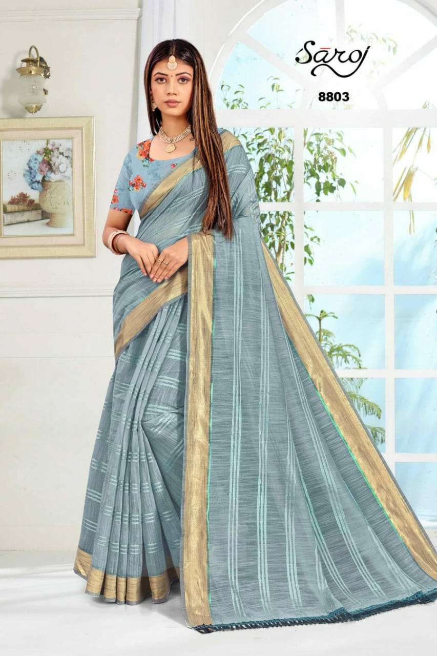 ROYAL VOL-1 BY SAROJ 8801 TO 8806 SERIES INDIAN TRADITIONAL WEAR COLLECTION BEAUTIFUL STYLISH FANCY COLORFUL PARTY WEAR & OCCASIONAL WEAR SOFT COTTON LINEN SAREES AT WHOLESALE PRICE