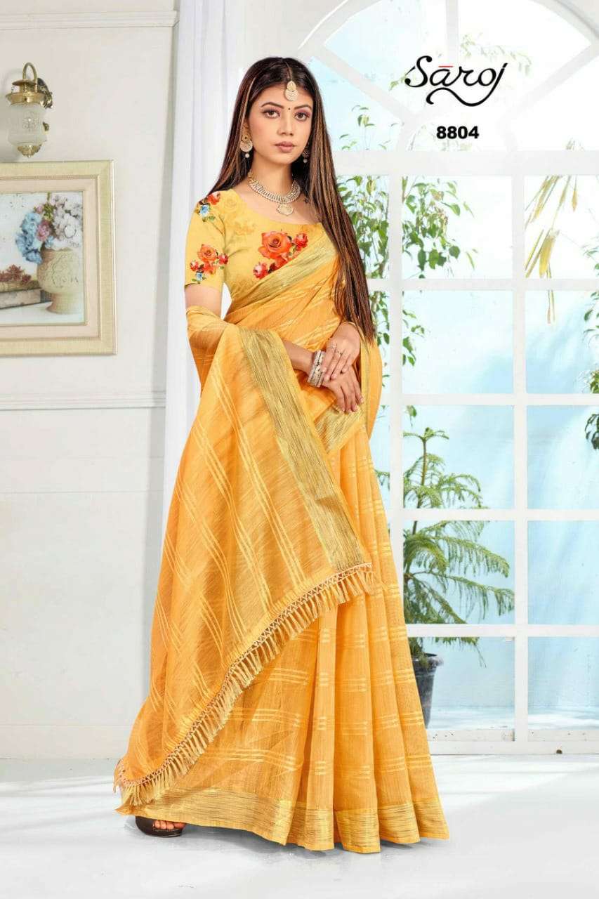 ROYAL VOL-1 BY SAROJ 8801 TO 8806 SERIES INDIAN TRADITIONAL WEAR COLLECTION BEAUTIFUL STYLISH FANCY COLORFUL PARTY WEAR & OCCASIONAL WEAR SOFT COTTON LINEN SAREES AT WHOLESALE PRICE