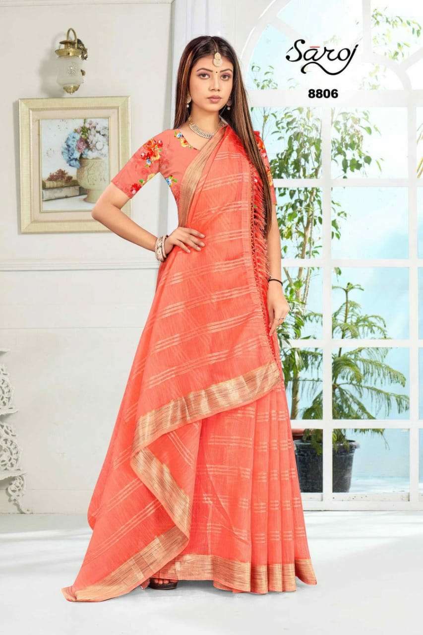 ROYAL VOL-1 BY SAROJ 8801 TO 8806 SERIES INDIAN TRADITIONAL WEAR COLLECTION BEAUTIFUL STYLISH FANCY COLORFUL PARTY WEAR & OCCASIONAL WEAR SOFT COTTON LINEN SAREES AT WHOLESALE PRICE