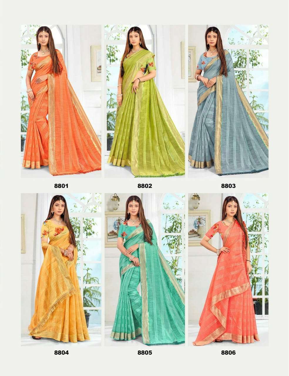 ROYAL VOL-1 BY SAROJ 8801 TO 8806 SERIES INDIAN TRADITIONAL WEAR COLLECTION BEAUTIFUL STYLISH FANCY COLORFUL PARTY WEAR & OCCASIONAL WEAR SOFT COTTON LINEN SAREES AT WHOLESALE PRICE
