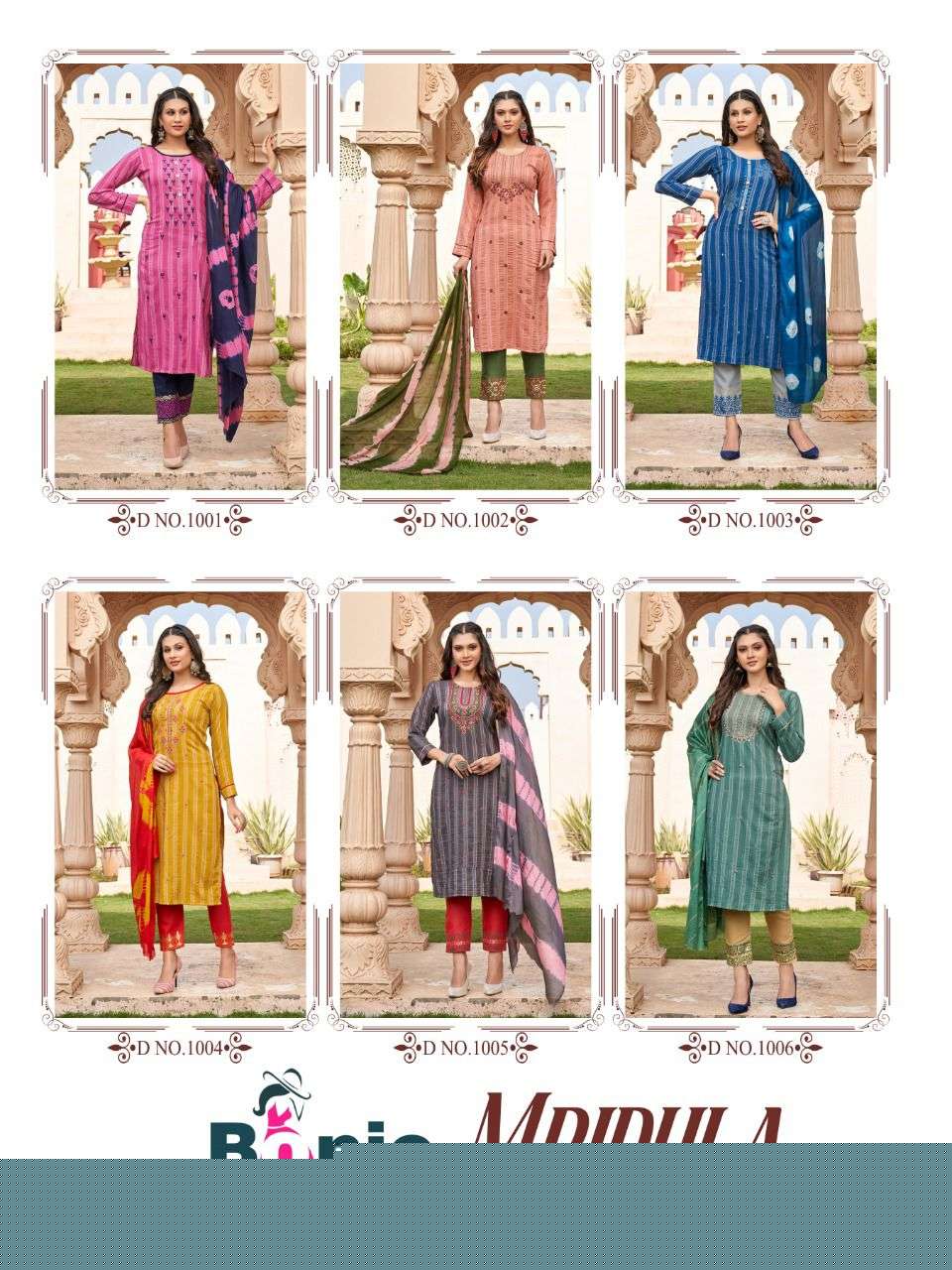 MRIDULA BY BONIE 1001 TO 1006 SERIES BEAUTIFUL SUITS COLORFUL STYLISH FANCY CASUAL WEAR & ETHNIC WEAR RAYON PRINT DRESSES AT WHOLESALE PRICE