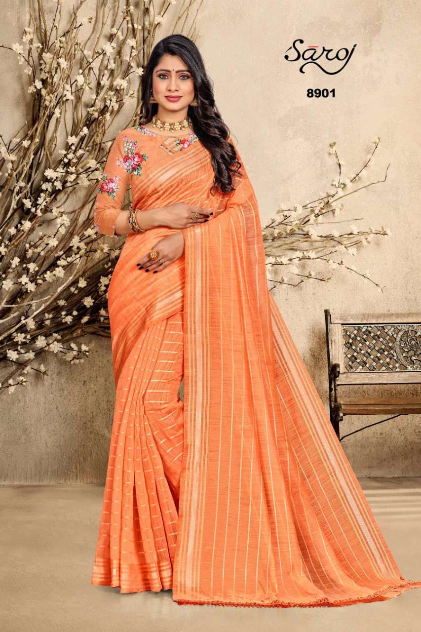 ROYAL VOL-2 BY SAROJ 8901 TO 8906 SERIES INDIAN TRADITIONAL WEAR COLLECTION BEAUTIFUL STYLISH FANCY COLORFUL PARTY WEAR & OCCASIONAL WEAR SOFT COTTON LINEN SAREES AT WHOLESALE PRICE