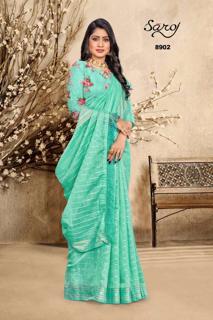 ROYAL VOL-2 BY SAROJ 8901 TO 8906 SERIES INDIAN TRADITIONAL WEAR COLLECTION BEAUTIFUL STYLISH FANCY COLORFUL PARTY WEAR & OCCASIONAL WEAR SOFT COTTON LINEN SAREES AT WHOLESALE PRICE