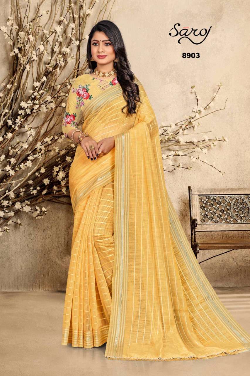 ROYAL VOL-2 BY SAROJ 8901 TO 8906 SERIES INDIAN TRADITIONAL WEAR COLLECTION BEAUTIFUL STYLISH FANCY COLORFUL PARTY WEAR & OCCASIONAL WEAR SOFT COTTON LINEN SAREES AT WHOLESALE PRICE