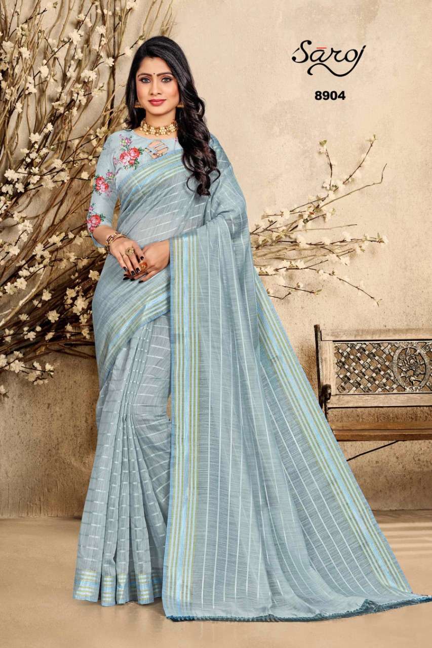 ROYAL VOL-2 BY SAROJ 8901 TO 8906 SERIES INDIAN TRADITIONAL WEAR COLLECTION BEAUTIFUL STYLISH FANCY COLORFUL PARTY WEAR & OCCASIONAL WEAR SOFT COTTON LINEN SAREES AT WHOLESALE PRICE