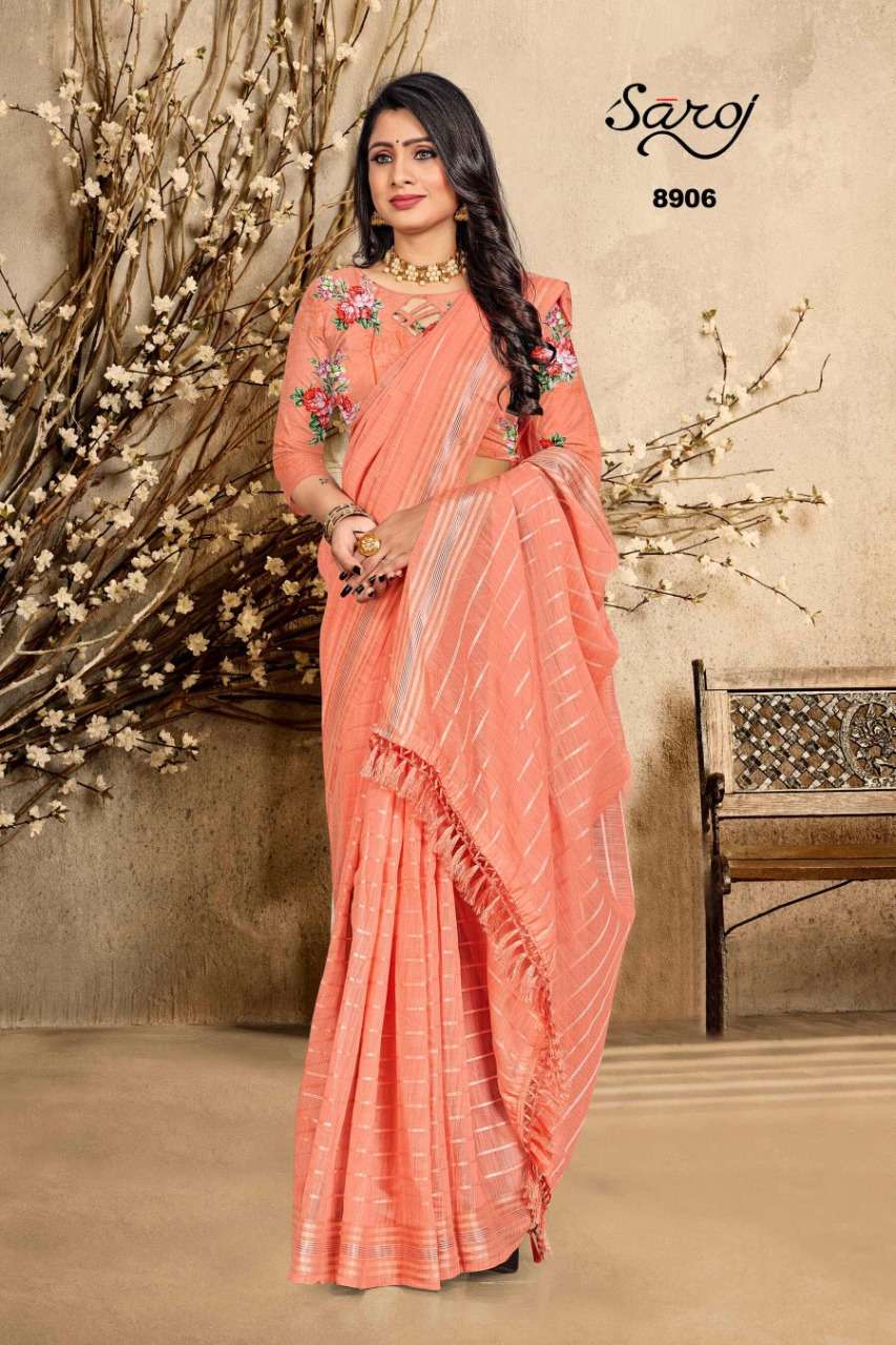 ROYAL VOL-2 BY SAROJ 8901 TO 8906 SERIES INDIAN TRADITIONAL WEAR COLLECTION BEAUTIFUL STYLISH FANCY COLORFUL PARTY WEAR & OCCASIONAL WEAR SOFT COTTON LINEN SAREES AT WHOLESALE PRICE