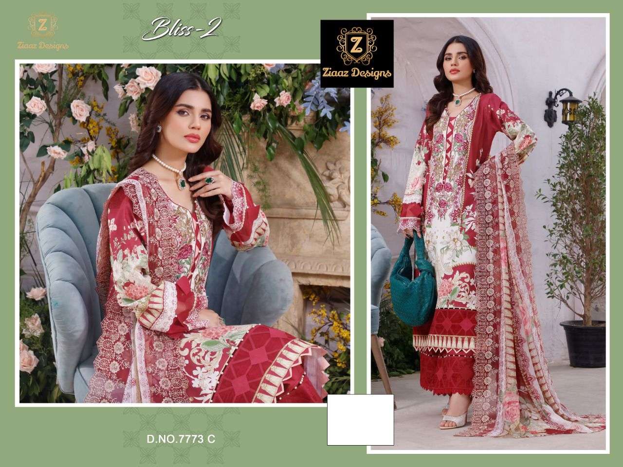 BLISS VOL-2 BY ZIAAZ DESIGNS 7773-A TO 773-D SERIES BEAUTIFUL PAKISTANI SUITS COLORFUL STYLISH FANCY CASUAL WEAR & ETHNIC WEAR MUSLIN COTTON PRINT DRESSES AT WHOLESALE PRICE