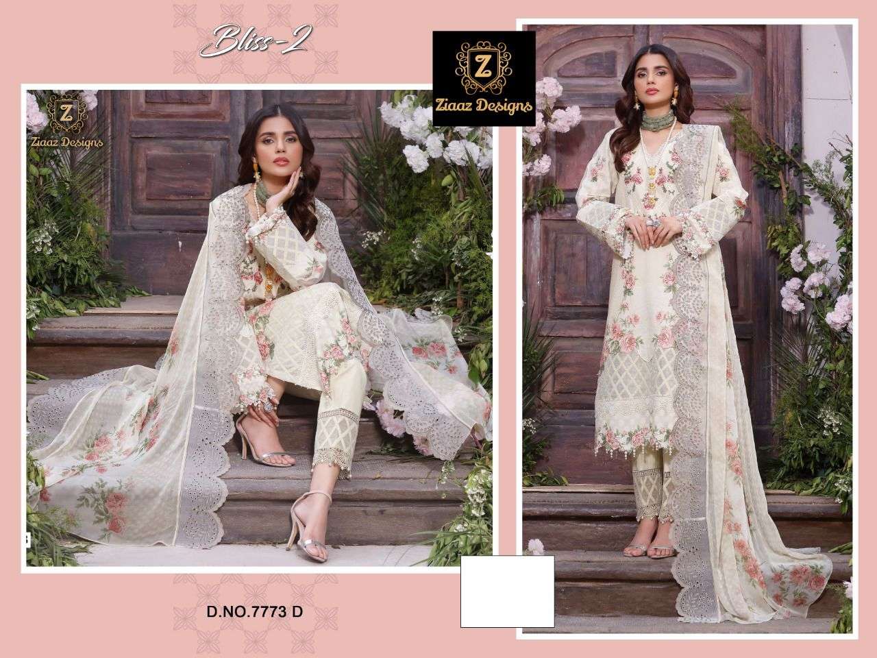 BLISS VOL-2 BY ZIAAZ DESIGNS 7773-A TO 773-D SERIES BEAUTIFUL PAKISTANI SUITS COLORFUL STYLISH FANCY CASUAL WEAR & ETHNIC WEAR MUSLIN COTTON PRINT DRESSES AT WHOLESALE PRICE
