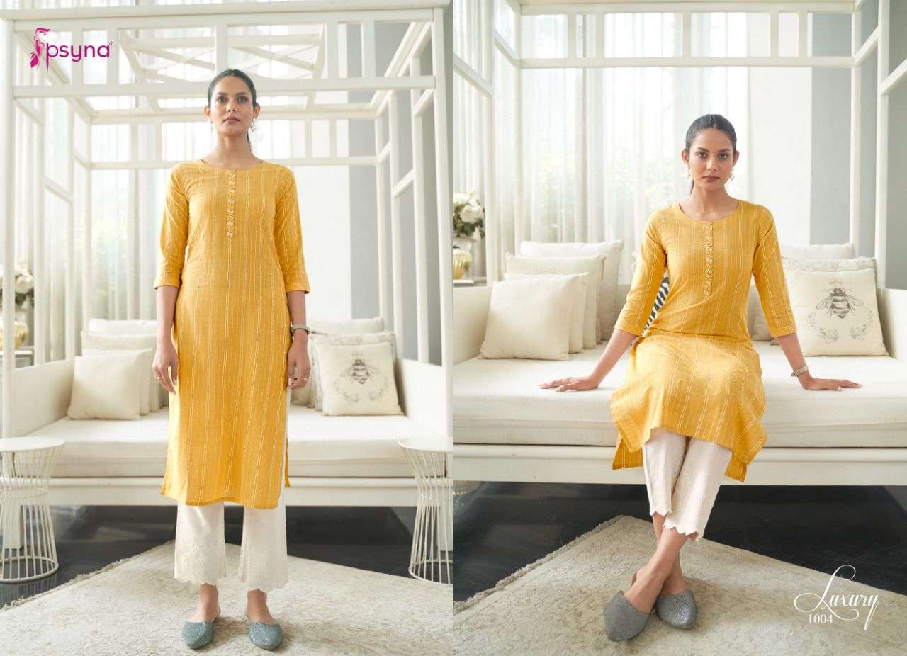 LUXURY BY PSYNA 1001 TO 1008 SERIES DESIGNER STYLISH FANCY COLORFUL BEAUTIFUL PARTY WEAR & ETHNIC WEAR COLLECTION COTTON KURTIS AT WHOLESALE PRICE