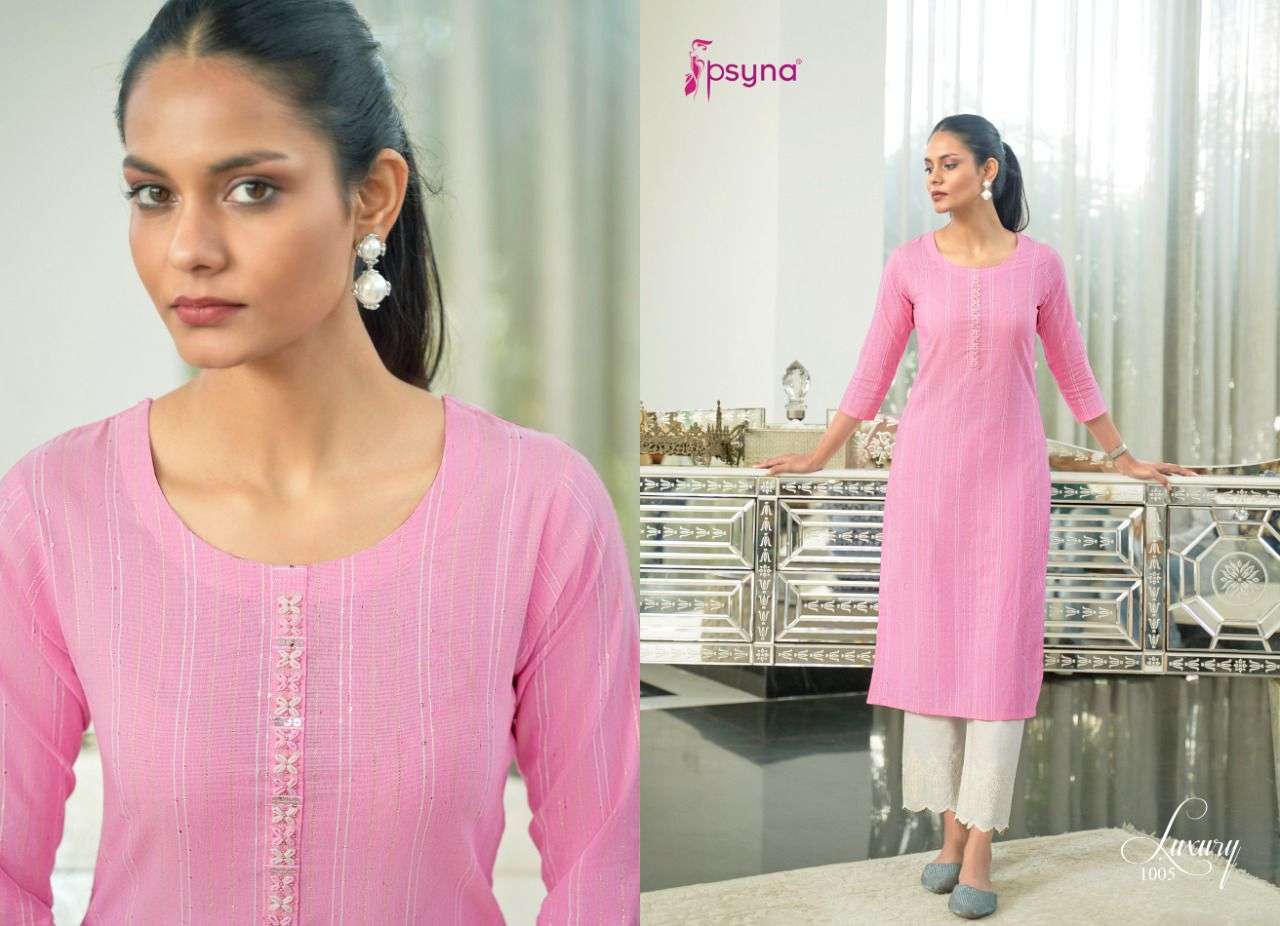 LUXURY BY PSYNA 1001 TO 1008 SERIES DESIGNER STYLISH FANCY COLORFUL BEAUTIFUL PARTY WEAR & ETHNIC WEAR COLLECTION COTTON KURTIS AT WHOLESALE PRICE