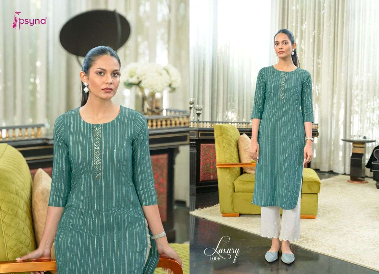 LUXURY BY PSYNA 1001 TO 1008 SERIES DESIGNER STYLISH FANCY COLORFUL BEAUTIFUL PARTY WEAR & ETHNIC WEAR COLLECTION COTTON KURTIS AT WHOLESALE PRICE