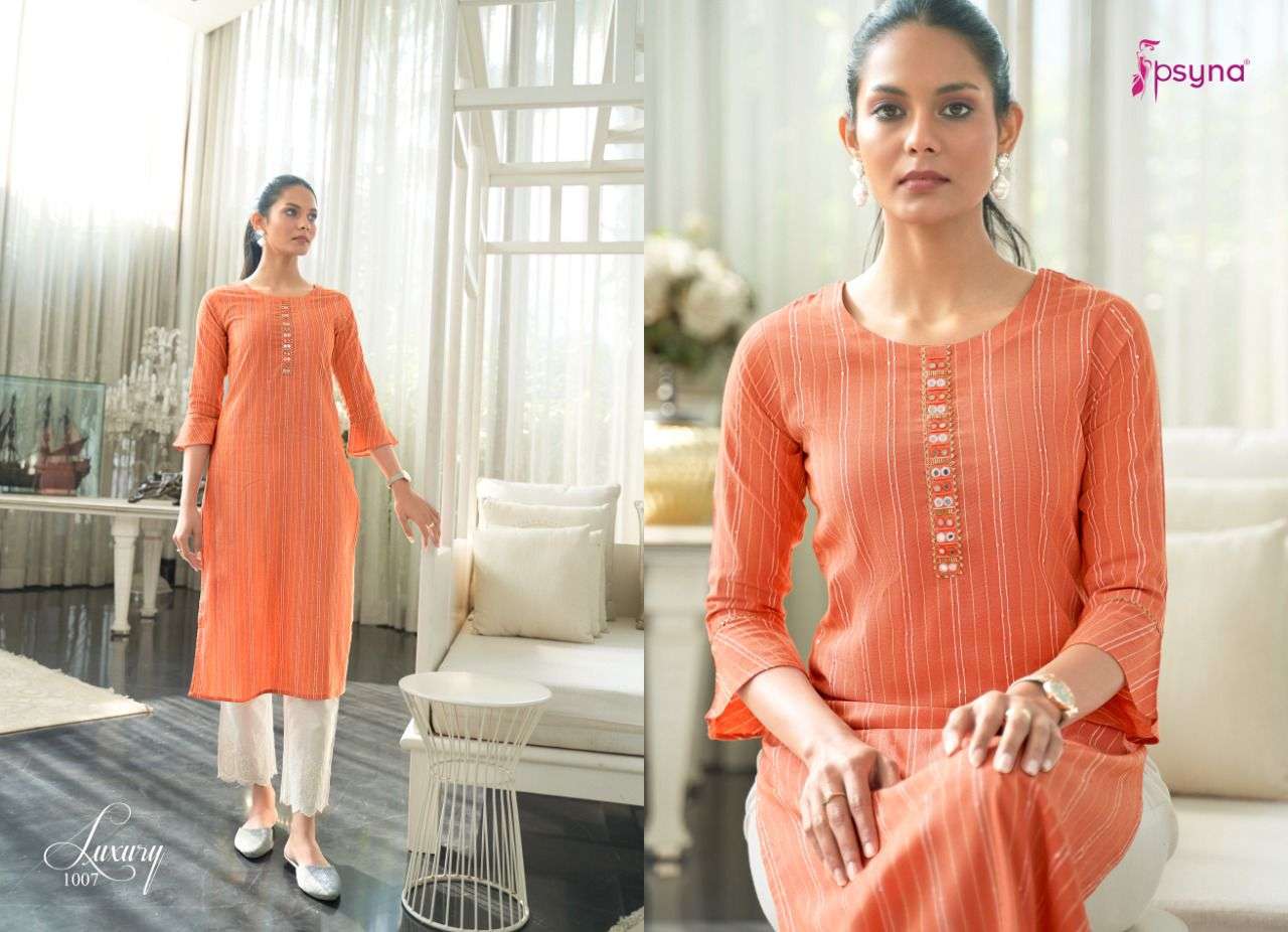LUXURY BY PSYNA 1001 TO 1008 SERIES DESIGNER STYLISH FANCY COLORFUL BEAUTIFUL PARTY WEAR & ETHNIC WEAR COLLECTION COTTON KURTIS AT WHOLESALE PRICE