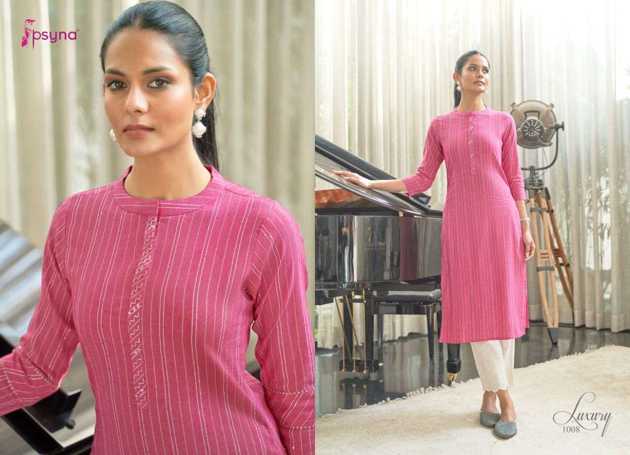LUXURY BY PSYNA 1001 TO 1008 SERIES DESIGNER STYLISH FANCY COLORFUL BEAUTIFUL PARTY WEAR & ETHNIC WEAR COLLECTION COTTON KURTIS AT WHOLESALE PRICE