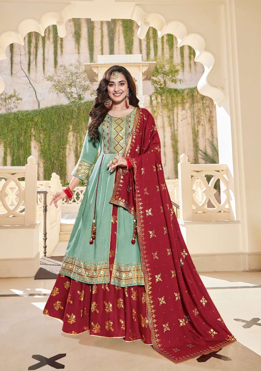 TANISHQ BY KAJAL STYLE 1001 TO 1008 SERIES BEAUTIFUL STYLISH FANCY COLORFUL CASUAL WEAR & ETHNIC WEAR HEAVY RAYON EMBROIDERED GOWNS WITH DUPATTA AT WHOLESALE PRICE