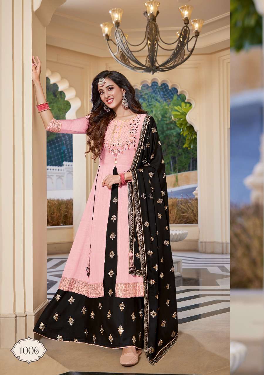 TANISHQ BY KAJAL STYLE 1001 TO 1008 SERIES BEAUTIFUL STYLISH FANCY COLORFUL CASUAL WEAR & ETHNIC WEAR HEAVY RAYON EMBROIDERED GOWNS WITH DUPATTA AT WHOLESALE PRICE
