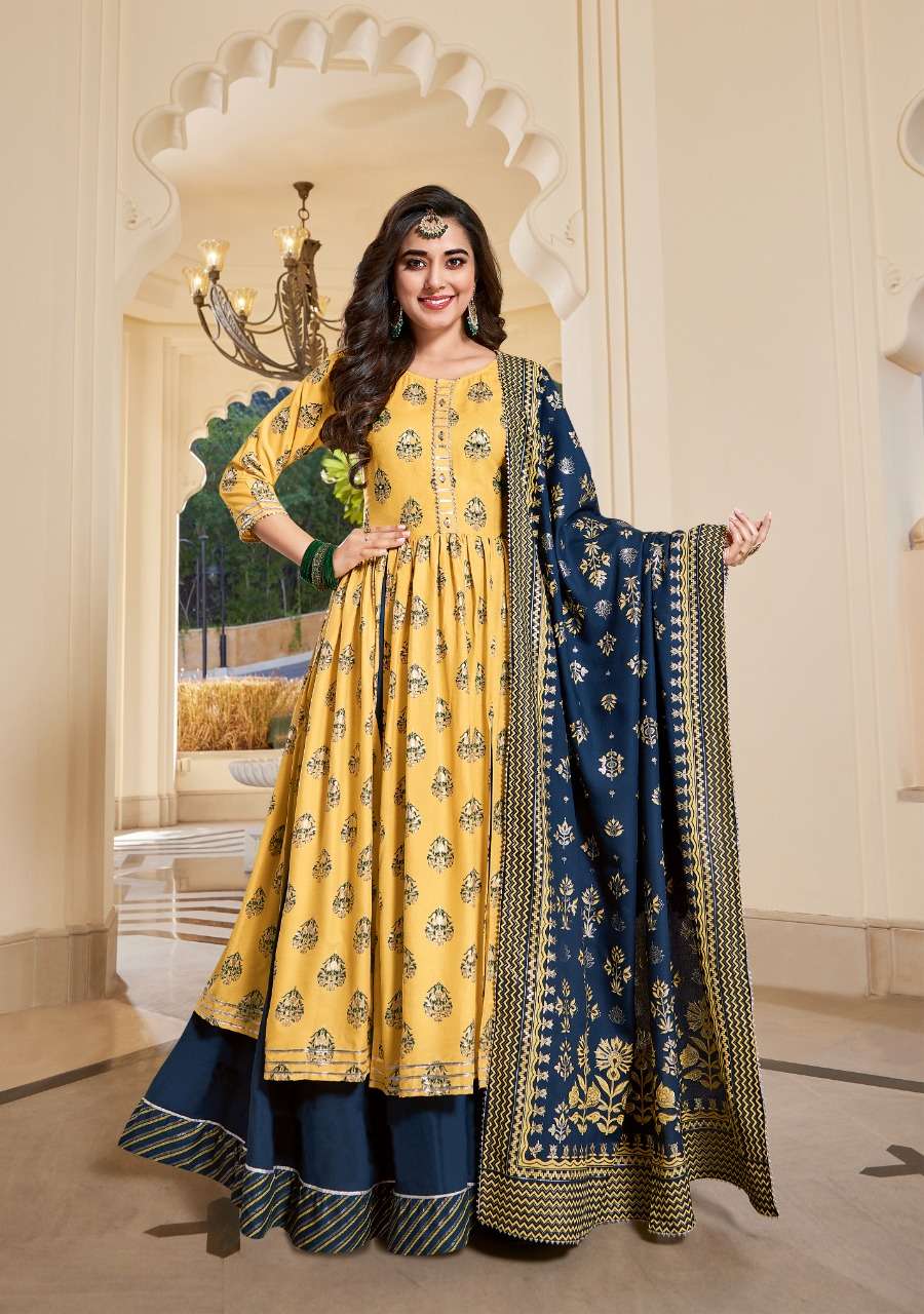 TANISHQ BY KAJAL STYLE 1001 TO 1008 SERIES BEAUTIFUL STYLISH FANCY COLORFUL CASUAL WEAR & ETHNIC WEAR HEAVY RAYON EMBROIDERED GOWNS WITH DUPATTA AT WHOLESALE PRICE
