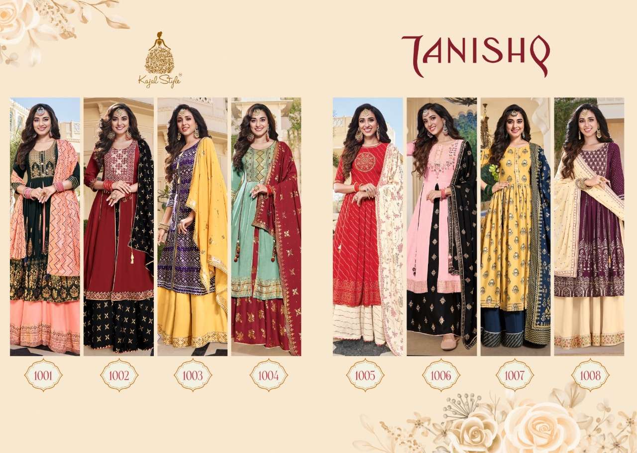 TANISHQ BY KAJAL STYLE 1001 TO 1008 SERIES BEAUTIFUL STYLISH FANCY COLORFUL CASUAL WEAR & ETHNIC WEAR HEAVY RAYON EMBROIDERED GOWNS WITH DUPATTA AT WHOLESALE PRICE