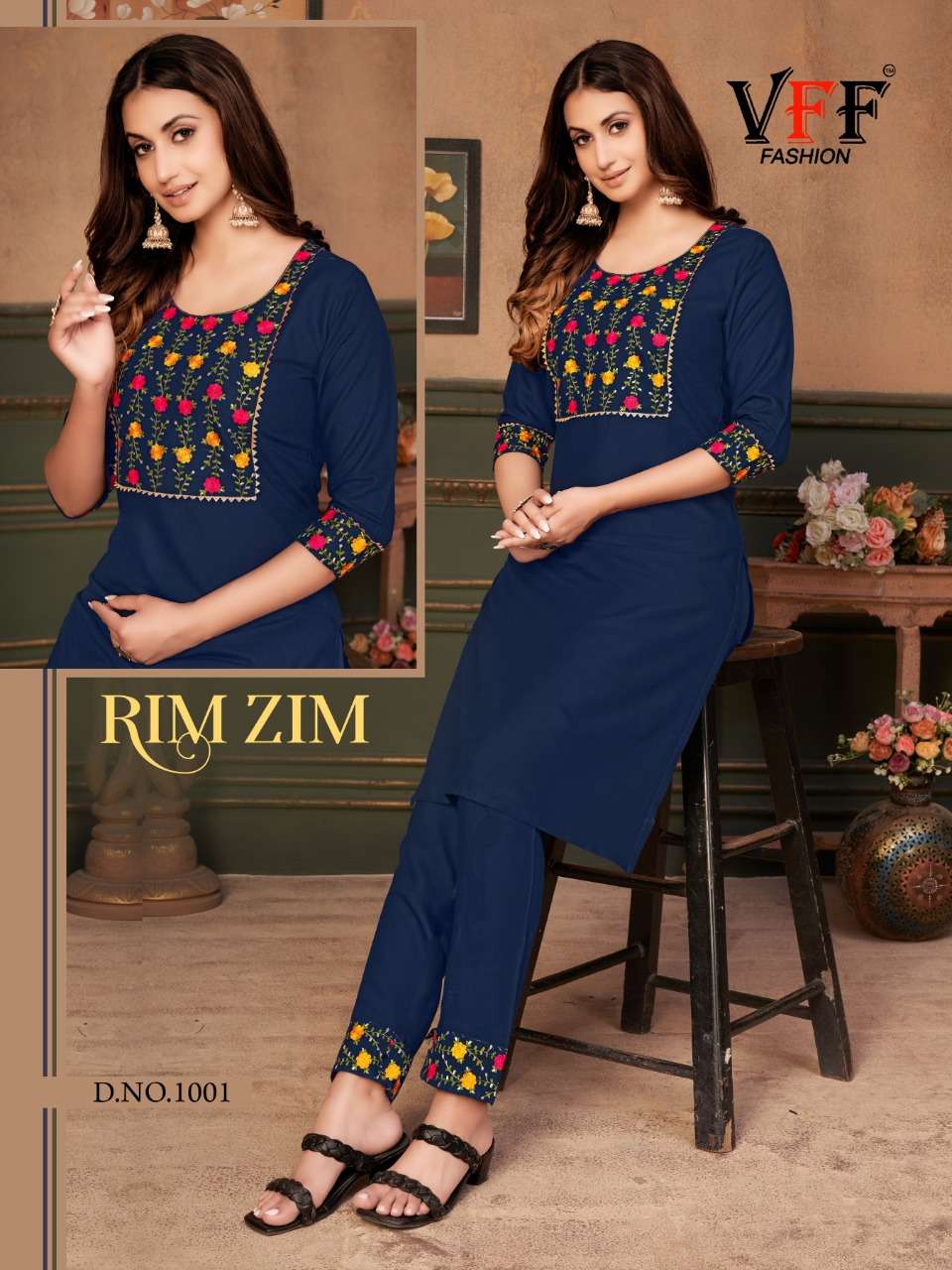 RIM ZIM BY VFF 1001 TO 1001-E SERIES DESIGNER STYLISH FANCY COLORFUL BEAUTIFUL PARTY WEAR & ETHNIC WEAR COLLECTION COTTON EMBROIDERED KURTIS AT WHOLESALE PRICE