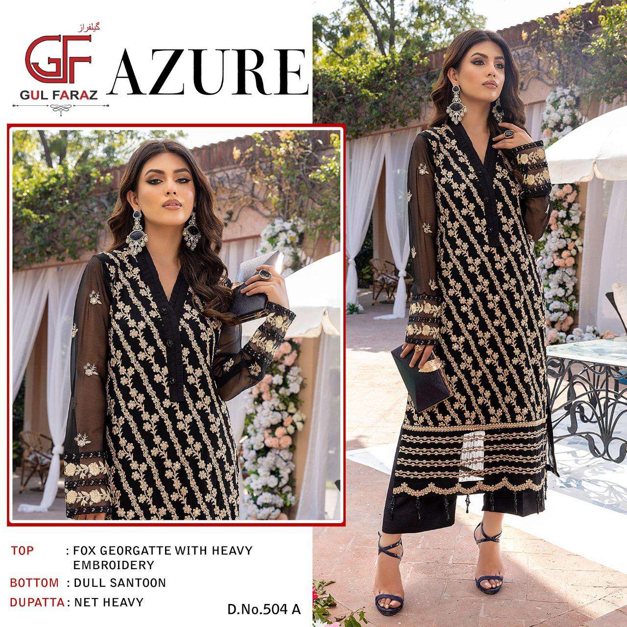 AZURE BY GUL FARAZ 504-A TO 504-D SERIES BEAUTIFUL PAKISTANI SUITS COLORFUL STYLISH FANCY CASUAL WEAR & ETHNIC WEAR FAUX GEORGETTE EMBROIDERED DRESSES AT WHOLESALE PRICE