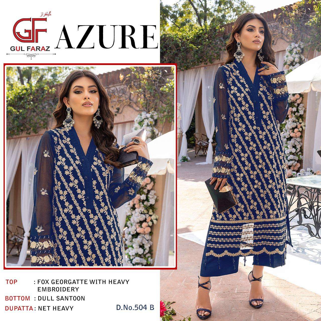 AZURE BY GUL FARAZ 504-A TO 504-D SERIES BEAUTIFUL PAKISTANI SUITS COLORFUL STYLISH FANCY CASUAL WEAR & ETHNIC WEAR FAUX GEORGETTE EMBROIDERED DRESSES AT WHOLESALE PRICE