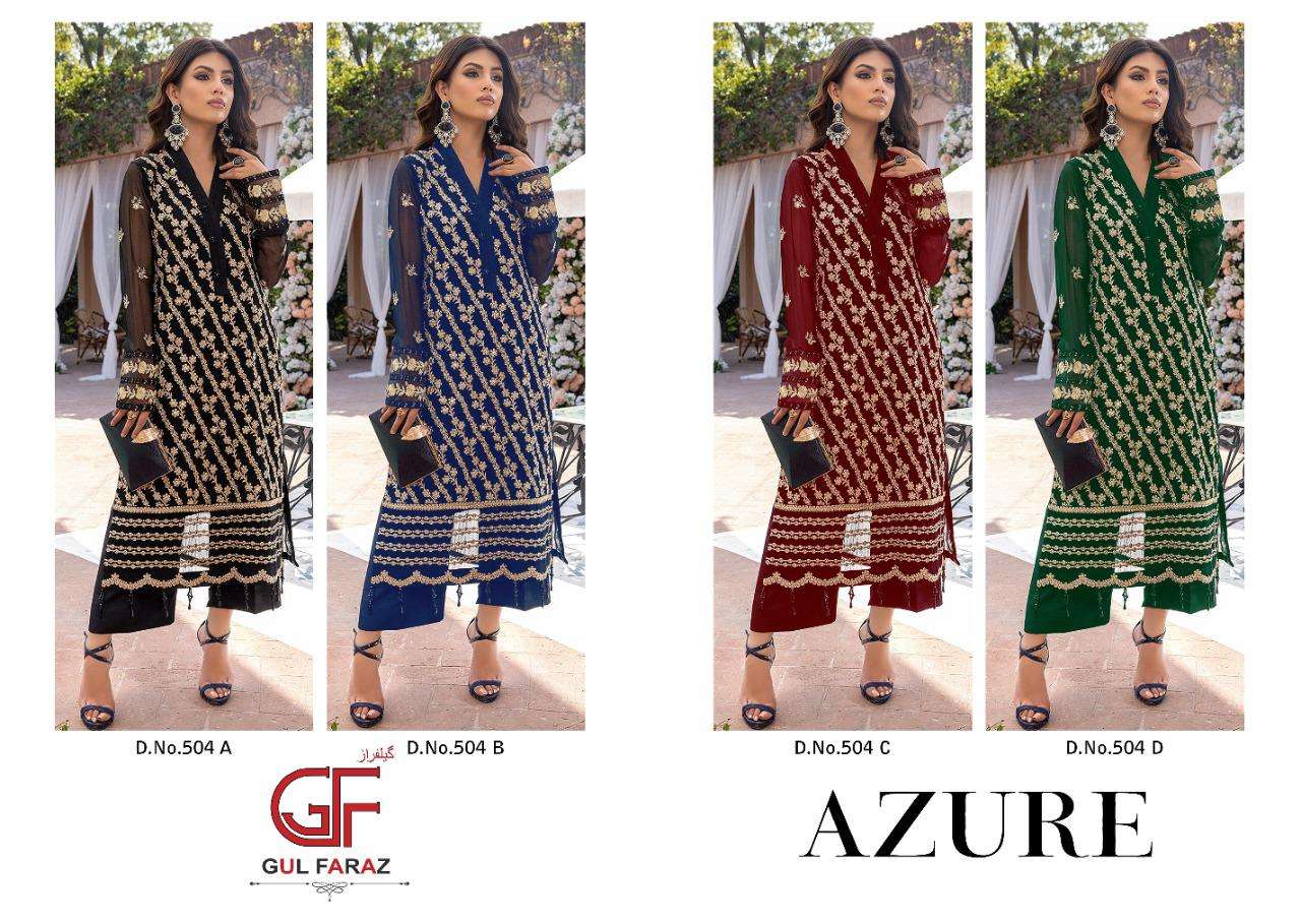 AZURE BY GUL FARAZ 504-A TO 504-D SERIES BEAUTIFUL PAKISTANI SUITS COLORFUL STYLISH FANCY CASUAL WEAR & ETHNIC WEAR FAUX GEORGETTE EMBROIDERED DRESSES AT WHOLESALE PRICE
