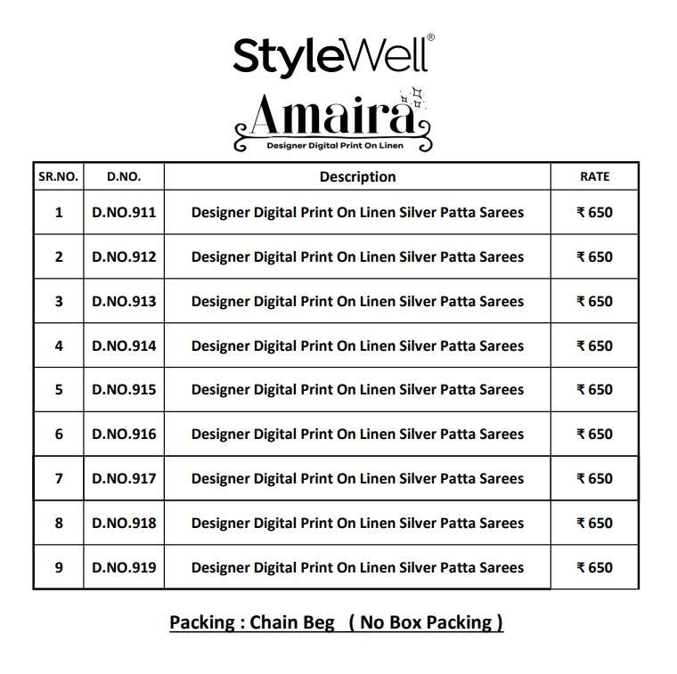 AMAIRA BY STYLEWELL 911 TO 919 SERIES INDIAN TRADITIONAL WEAR COLLECTION BEAUTIFUL STYLISH FANCY COLORFUL PARTY WEAR & OCCASIONAL WEAR LINEN SAREES AT WHOLESALE PRICE