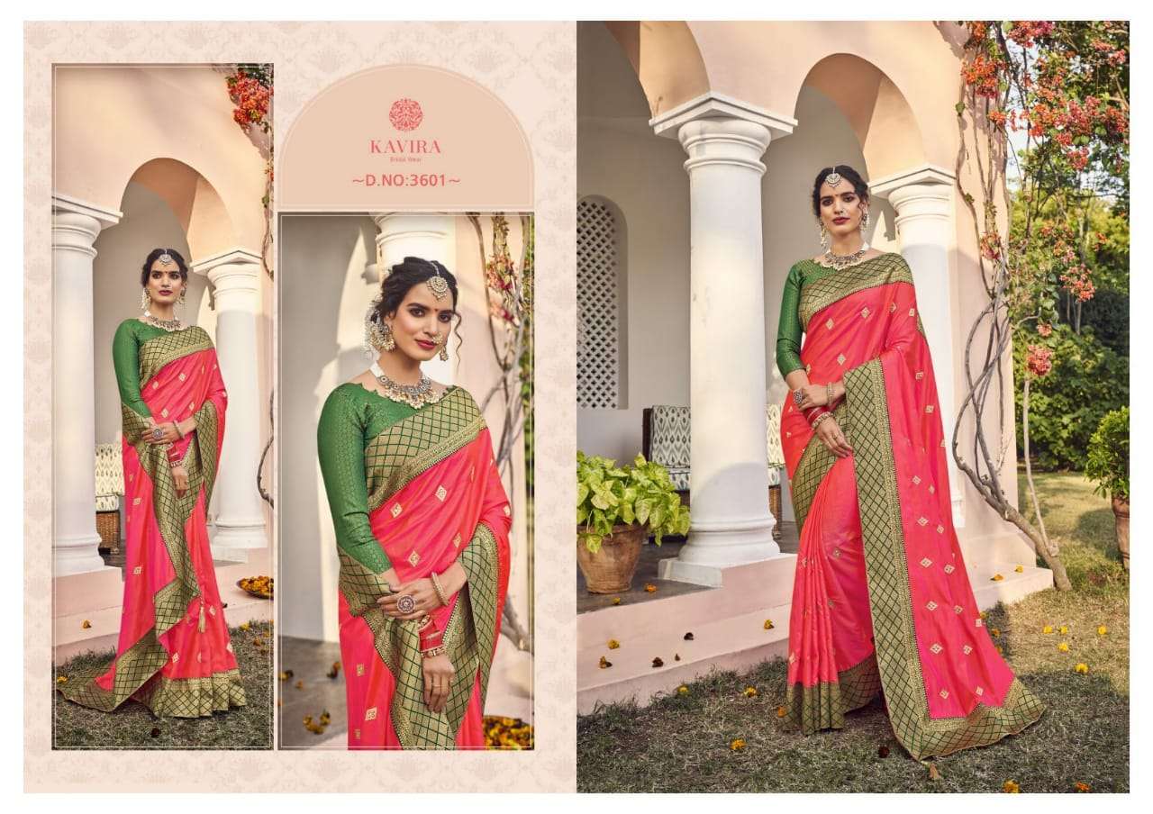 KAVIRA 3601 SERIES BY KAVIRA 3601 TO 3609 SERIES INDIAN TRADITIONAL WEAR COLLECTION BEAUTIFUL STYLISH FANCY COLORFUL PARTY WEAR & OCCASIONAL WEAR VICHITRA SAREES AT WHOLESALE PRICE