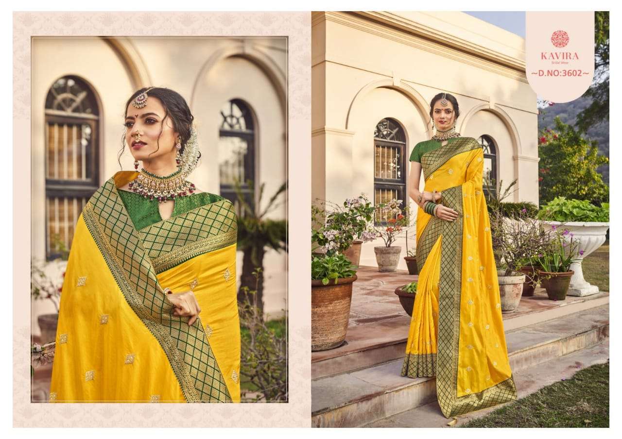 KAVIRA 3601 SERIES BY KAVIRA 3601 TO 3609 SERIES INDIAN TRADITIONAL WEAR COLLECTION BEAUTIFUL STYLISH FANCY COLORFUL PARTY WEAR & OCCASIONAL WEAR VICHITRA SAREES AT WHOLESALE PRICE